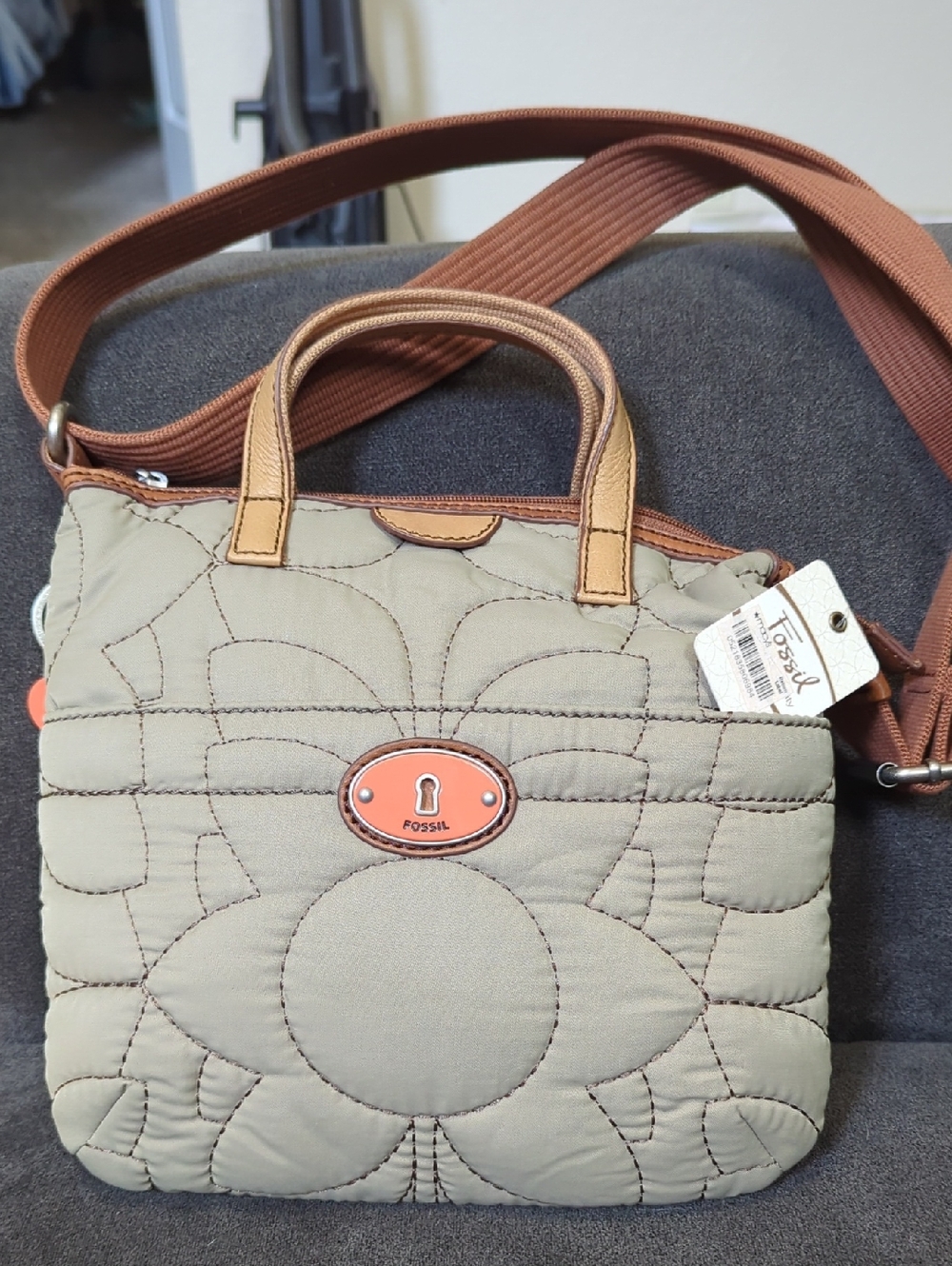 Fossil Olive Quilted Crossbody/ Shoulder with Brown Strap and Tan Accents